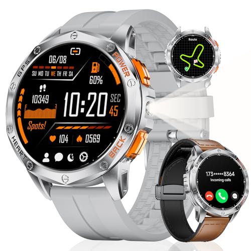 LIGE DM1 GPS Military Smart Watch for Men, 100+ Sports Modes Fitness Tracker, LED Flashlight/Compass/45 Days Battery/IP68 Waterproof 1.43'' AMOLED Always on Display Smartwatch for Android iOS, Sliver
