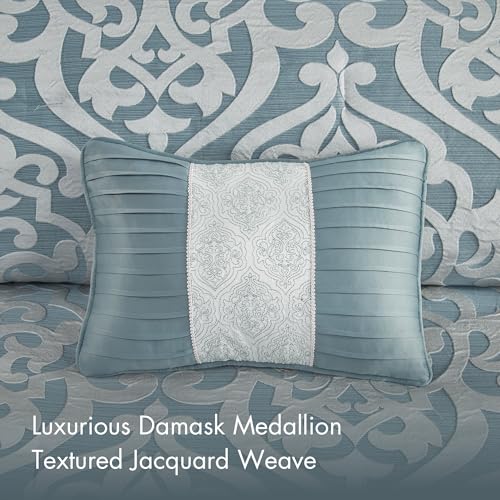 Image of Madison Park Modern Jacquard Damask Medallion Comforter Set, 8PC King | All Season Down Alternative Bedding with Comforter, Shams, Bed Skirt, Decorative Pillows, Aqua