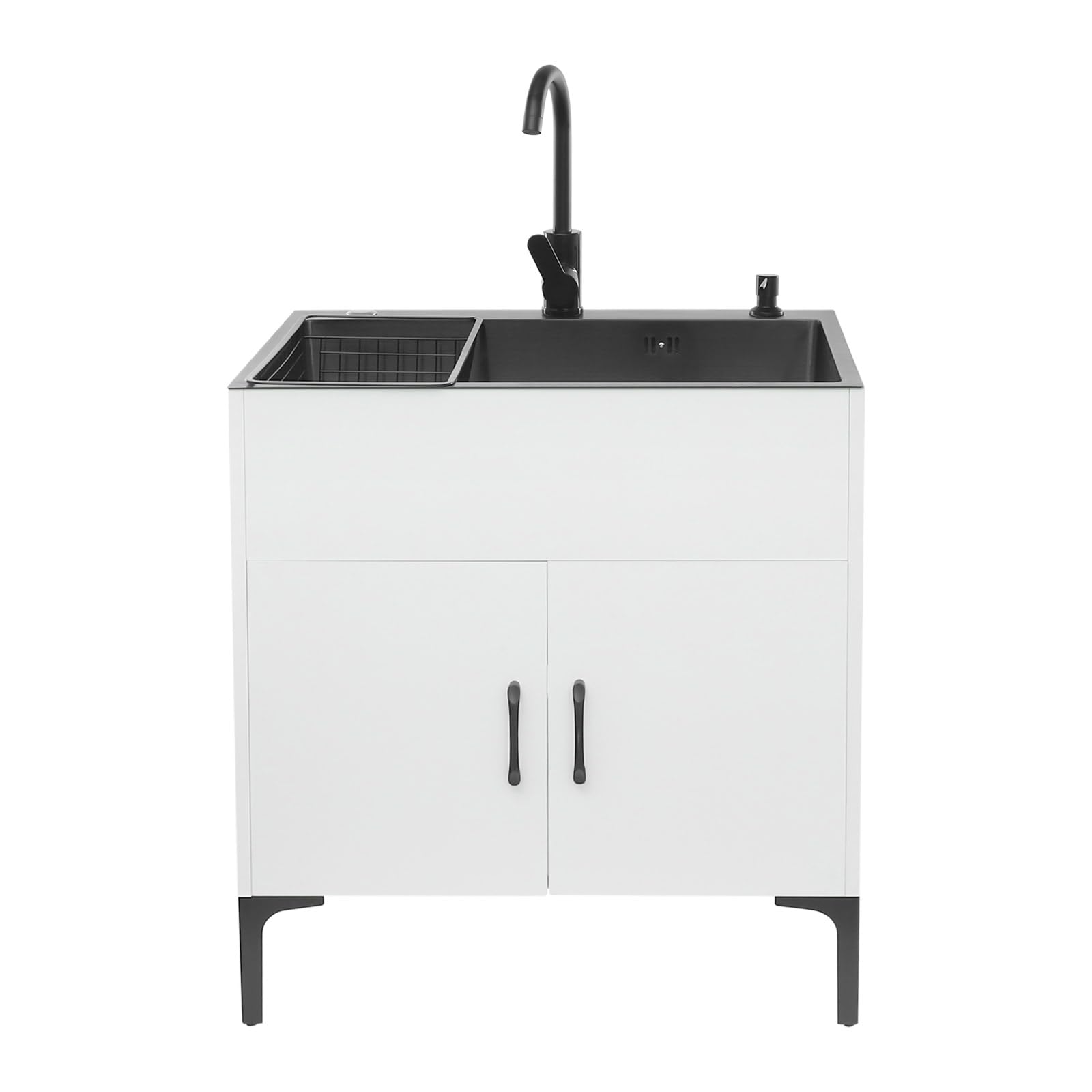 Freistehende Küchenspüle mit Unterschrank und 360° drehendem Wasserhahn, 68x45 cm Wäschespüle Freistehende Spültisch mit Seifenspender und Ablaufkorb für Küche, Garten, Werkstatt, Waschküche (Weiß)