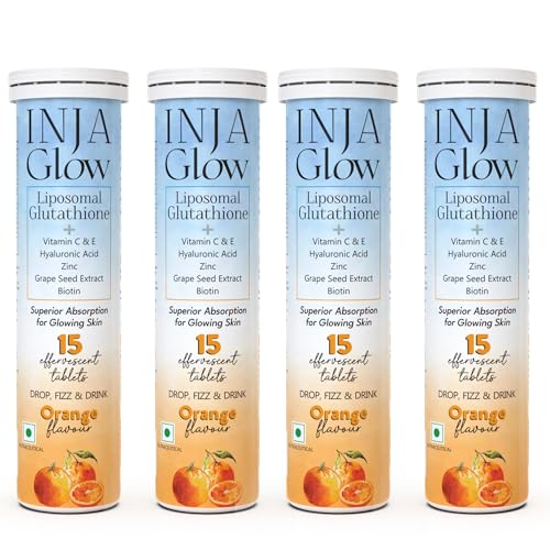 Image of INJA Glow Liposomal Glutathione with Vitamin C & E, Hyaluronic Acid, Zinc, Biotin & Grape Seed Extract, Reduces Dark Spots, Enhances Skin Glow & Collagen, Orange Flavour, 15 Tablets (Pack of 4)