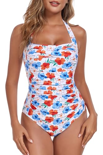 Image of Smismivo Tummy Control Swimwear Halter One Piece Slimming Vintage Retro Swimsuit Womens Ruched Push Up Bathing Suit