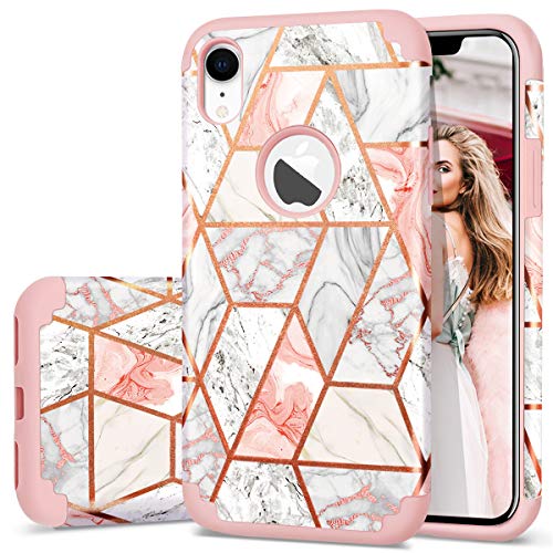 Fingic Coque pour iPhone XR, coque en marbre pour iPhone XR, coque fine à paillettes 2 en 1 rigide en polycarbonate souple, antichocs, anti-rayures Or Rose