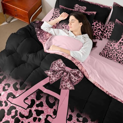 Image of Feelyou Bow Initial Letter A King Comforter Set with Sheets for Kids Boys Girls Glitter Leopard Print 7 Pieces Bedding Set Girly Bow Bed in a Bag Room Decor Soft Lightweight Microfiber