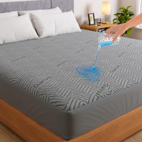 Image of Lukzer 100% Waterproof Charcoal Mattress Protector Double Bed 72 inch x 48 inch inch | 360 Elastic fit, Breathable, Hypoallergenic, Noiseless, Ultra-Soft Fitted Bed Protector /Deep Pocket Bed Mattress Cover