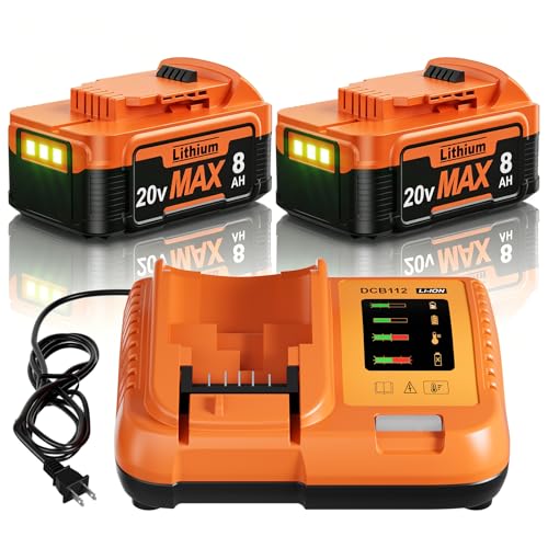 2Pack 8000mAh Replacement for Dewalt 20V Max Battery and Charger Compatible with Dewalt 20V Max Battery XR Cordless Tools DCB206 DCB200 DCB201 DCB204 DCB207 DCD/DCF/DCG Power Tool