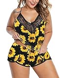 XAKALAKA Women Plus Size Pajamas Cami Shorts Set Nightwear Sexy Lace Lingerie Sleepwear Yellow XXXL