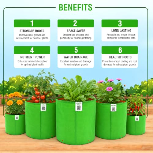 Image of Anandi Green's Premium HDPE Uv Protected 220 GSM Round Shaped Green Colour Plants Grow Bags Suitable for Terrace and Vegetable Gardening (Pack of 6, 15X15 INCH)