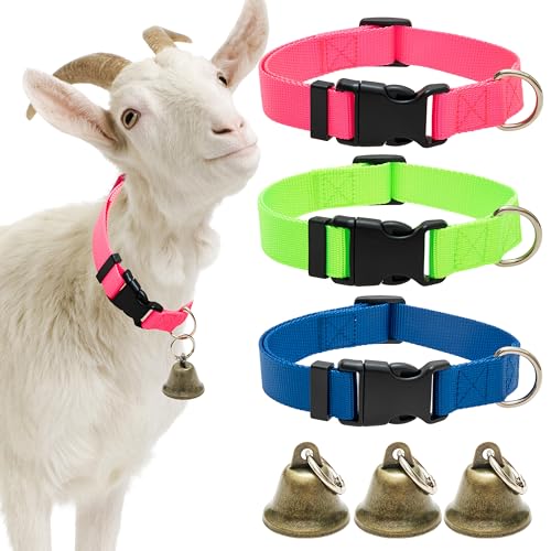 ALUZAEMO 3 Pack Goat Collars with Bells Adjustable Pet Collar & Anti-Lost Loud Bronze Grazing Copper Bells Accessories for Small Farm Animal Sheep Cow Goat (Neck 13.8-20.9)