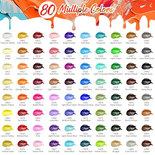 Image of Caliart 80 Colors Acrylic Paint Set with 12 Brushes | Craft Painting kit for Adults Artists Beginners, Rich Pigment Non-toxic, Canvas Wood Rock Pumpkin Ceramic Art Supplies Paint