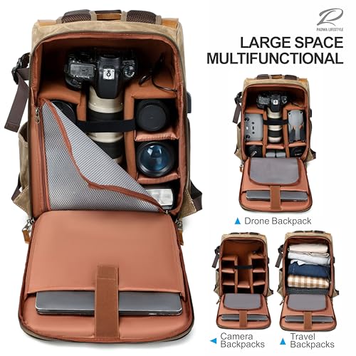 Padwa Lifestyle Khaki Camera Backpack - Waxed Memory Canvas Camera Bag, Multi DSLR SLR Large Camera Backpacks for Photographers with 16” Laptop & Lens Compartment and Tripod Holder & Weather Resistant3