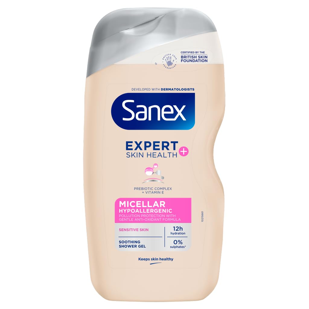 Sanex Expert Skin Health+ Micellar Hypoallergenic Shower Gel 450 ml, for sensitive skin, body wash for men & women, helps protect skin from pollution, gentle antioxidant formula, with vitamin E