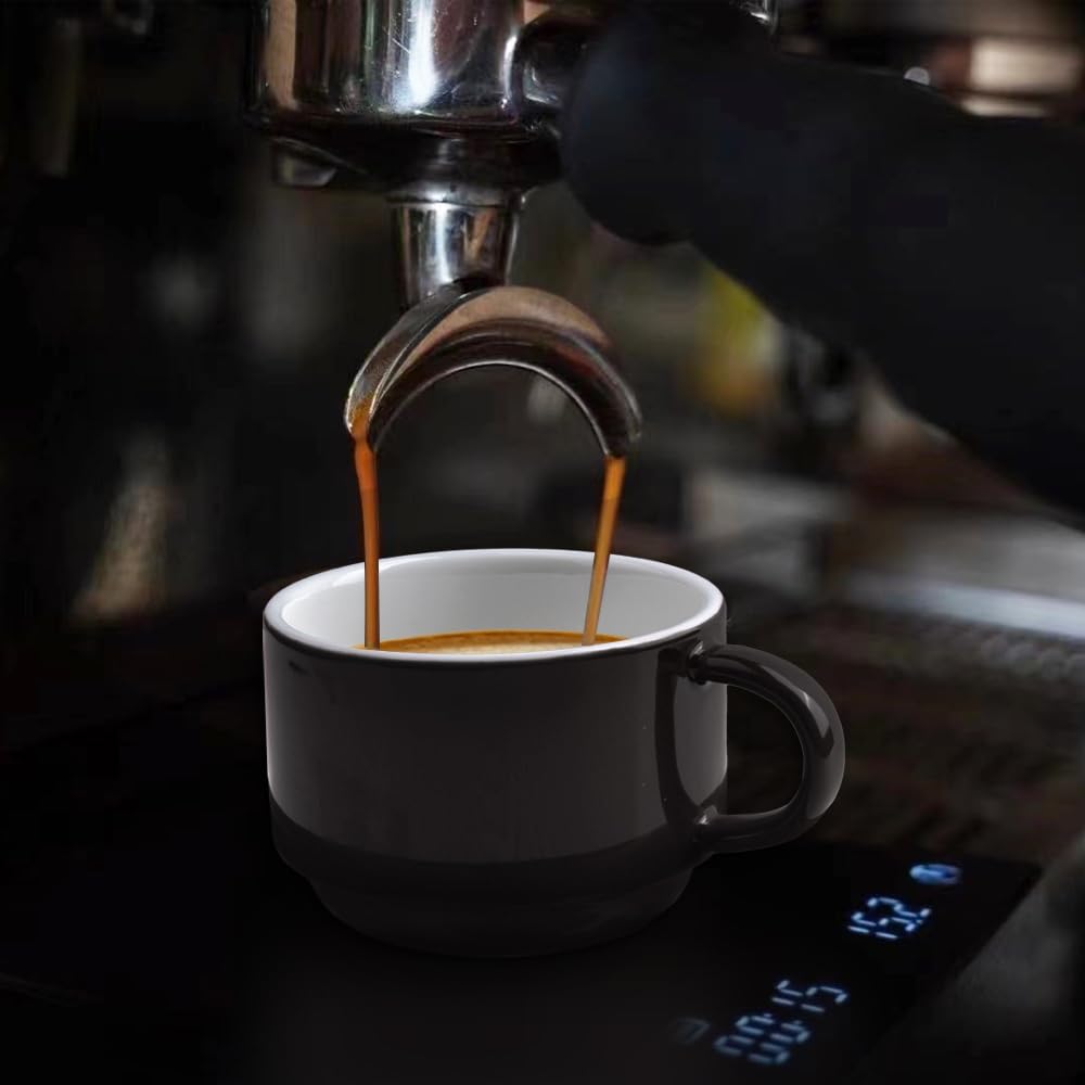homEdge Juego de 4 tazas y platillos de café espresso prémium con cucharas de acero inoxidable para espresso, 2.5 onzas, color negro
