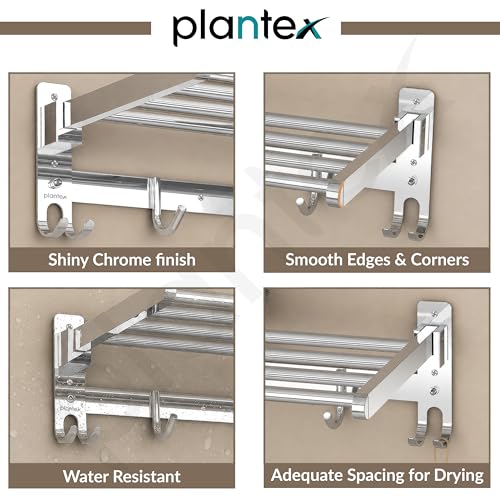 Image of Plantex Folding Towel Rack with Magnetic Hook Rail /Stainless Steel 24 Inch Towel Holder with 5 ABS J-Shape Hooks for Bathroom /Wall Mounted Towel Stand for Clothes - Chrome