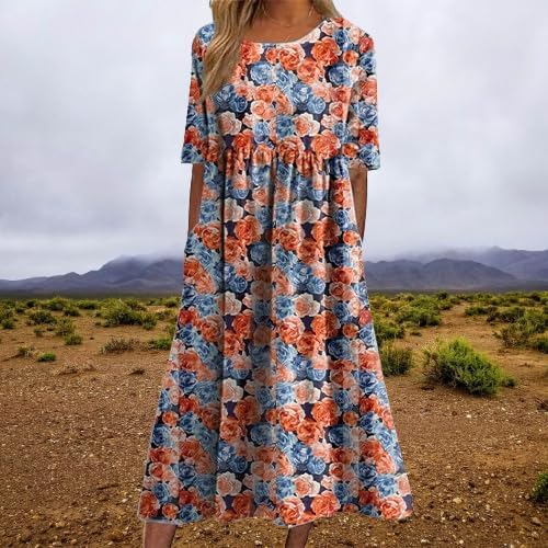 Summer Boho Dress Floral Print Short Sleeve Crewneck Casual Fashion High Waist Dresses with Pockets - Image 2