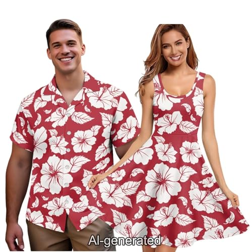 Image of Dreaweet Summer Dresses for Women A-Line Sleeveless Flowy Sun Dresses,Men's Casual Button-Down Shirts,Couple Matching Outfits