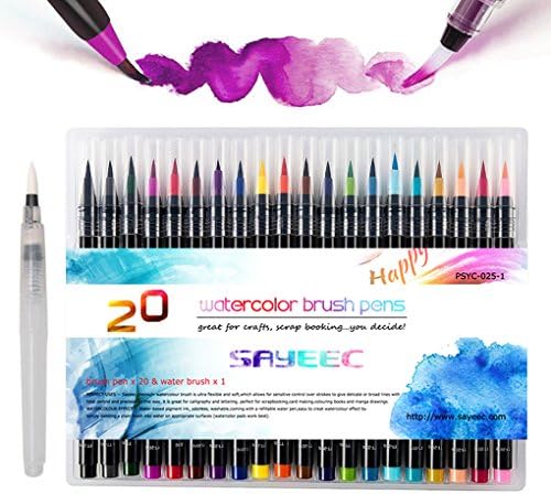 Watercolor Brush Markers Pen Set SAYEEC 20 Colors Water Based Painting Markers with Flexible Nylon Tips Colored Brush Pen Water Soluble for Adult Coloring Books Manga Comic Calligraphy
