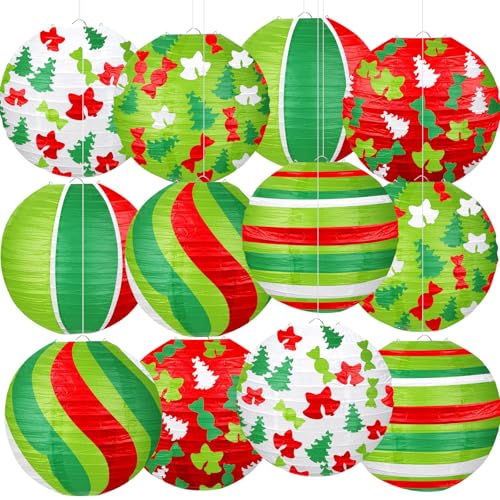 Christmas Paper Lanterns 12 PCS Christmas Hanging Paper Lanterns Indoor Outdoor Red Green and White Xmas Tree Candy Bell Lantern for Christmas Party Decorations Home Holiday Decor