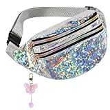 FASBET Bauchtasche Silber Metallic mit Schmetterling Deko, Bauchtasche Mädchen Damen 80er Jahre Karneval Festival Glitzer Bunt Tasche