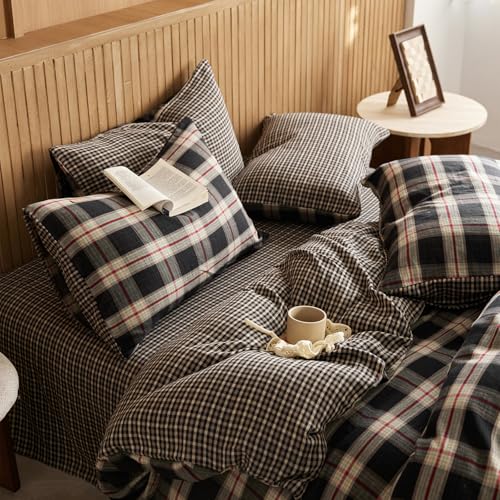 EAVD Classic Black Plaid Duvet Cover King Soft 100% Cotton Muslin Modern Red Black Grid Plaid Bedding Set with 2 Pillowcases Reversible Gingham Geometric Duvet Cover with Zipper Closure - Image 9