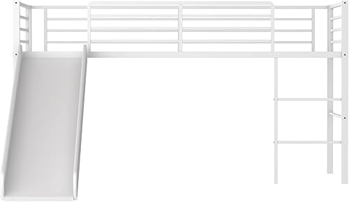 Miniatura 9 de Giantex Cama alta individual con tobogán, litera baja de metal con barandillas de seguridad y escalera integrada, marco de suelo de cama infantil
