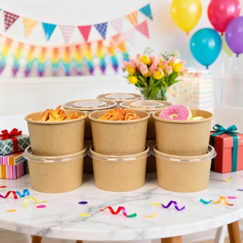 Image of ESSENTIAL 50 Pcs 16oz Paper Ice Cream Cups with Lids | Disposable Soup Bowls with Lids for Hot or Cold Food, Paper Snack Containers for Sundae, Frozen Yogurt, Soup (Brown)