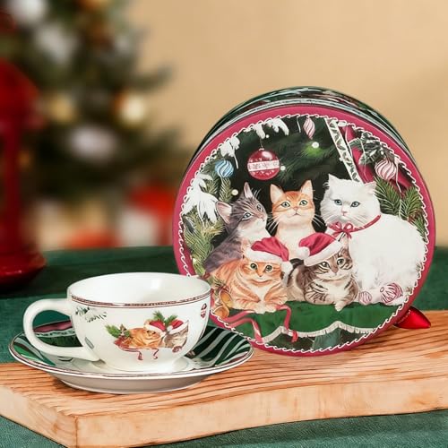 SilverChry Tazza da Tè in Porcellana Vintage, 120ml, Set di Tazza e Piattino, Adatto al Microonde, Cinque Gatti, Tazze da Cappuccino con Piattino, Adatto per Caffè, Latte, Tè