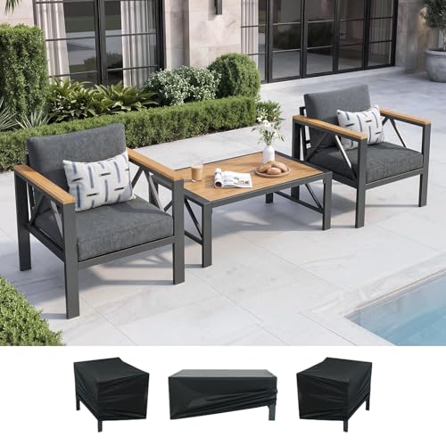 INGEROOM 3 Piece Aluminum Outdoor Patio Furniture Set with Waterproof Cover, 2 Chairs & Coffee Table, Metal Patio Conversation Set for Porch, Balcony, Deck, Dark Gray
