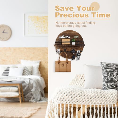 Key-Holder-for-Wall-Key-and-Mail-Holder-Organizer-with-Key-Holder-Wall-Mount-Round-Wooden-Rustic-Home-Decor-for-Entryway-Mudroom-Hallway-Kitchen-Office-Brown