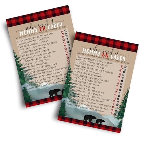 Mama Bear Baby Shower Games for Boys - 25 Guess Who Mommy or Daddy Game Cards - Fun Guessing Activities with Prizes - Lumberjack Theme