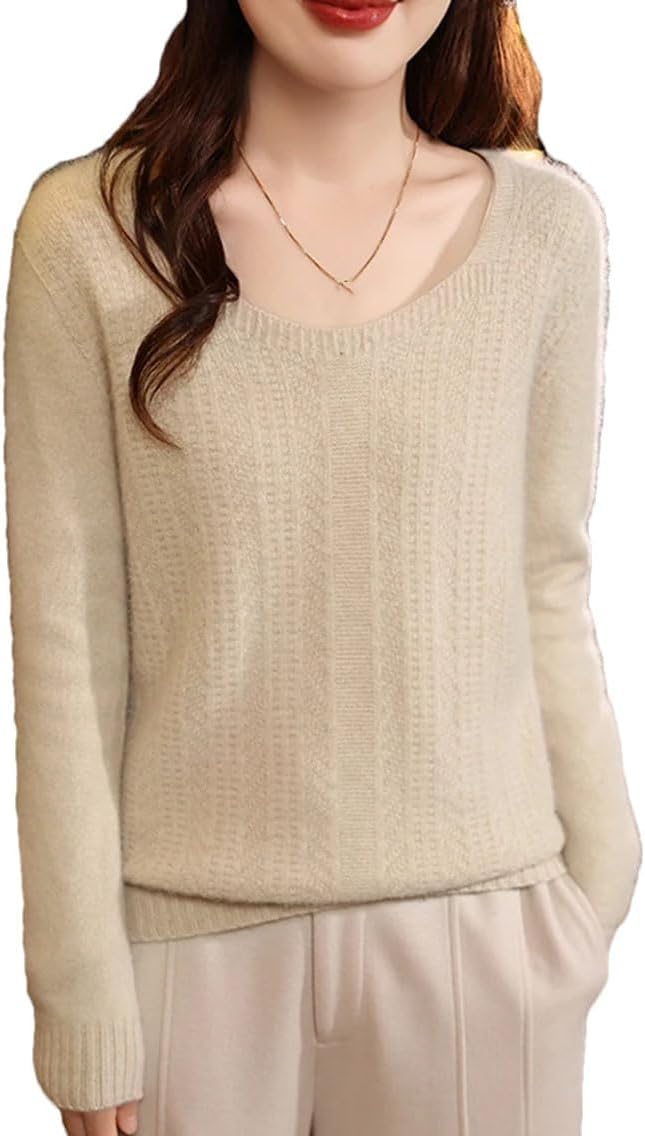 Women's 100% Merino Wool Sweater Big Round-Neck Long Sleeve Casual Jumper Soft Breathable Knitted Tops