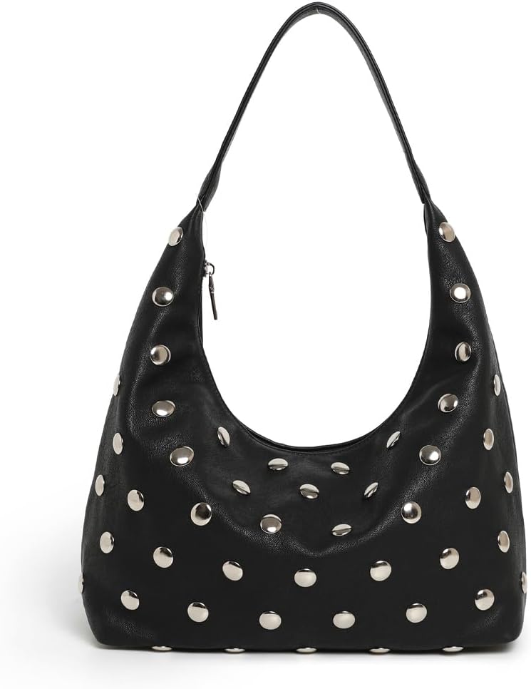 Studded Hobo Bags for Women Soft Vegan Leather Studded Shoulder Handbag Slouchy Tote Purses