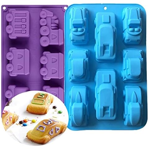 Joyeee 2 Pack Train Auto Car Silicone Molds, Large Silicone Mold Pan Tray, Silicone Baking Mold for Muffin Cake Cupcake Tart Pie Ice Cube Soap Gifts for Kids Cover