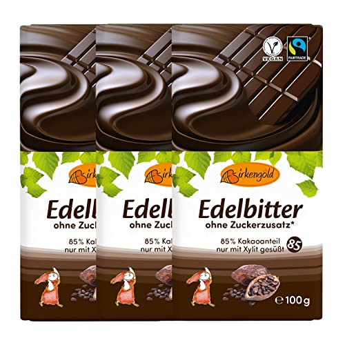 Birkengold Edelbitter Schokolade 3x100g | Schokolade ohne Zuckerzusatz | 85% Kakaoanteil | nur mit europäischem Xylit gesüßt | Fairtrade | vegan | vegane Schokolade ohne Zucker Cover