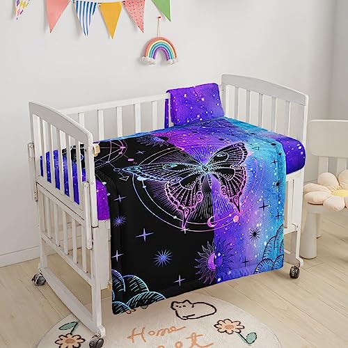 Image of Crib Bedding Set, 3pcs Nursery Set with Comforter, Crib Sheet & Crib Skirt, Black Purple Blue Butterfly Printed Bedding for Baby Boys and Girls