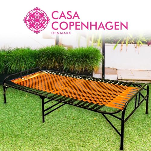 Image of Casa Copenhagen, Portable Single Folding Bed Heavy Duty Metal Cot Khat for Sleeping Bed Space Saving Design Sturdy Synthetic Niwar feet - Orange & Jet Black