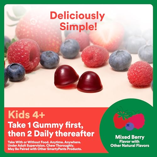 Image of SmartyPants Kids Fiber & Veggies: Prebiotic Fiber Gummies for Kids, Fiber Supplement with Inulin, Organic Green Veggie Blend, Vegan, Gluten Free, Mixed Berry Flavor, 60 Count (30 Day Supply)