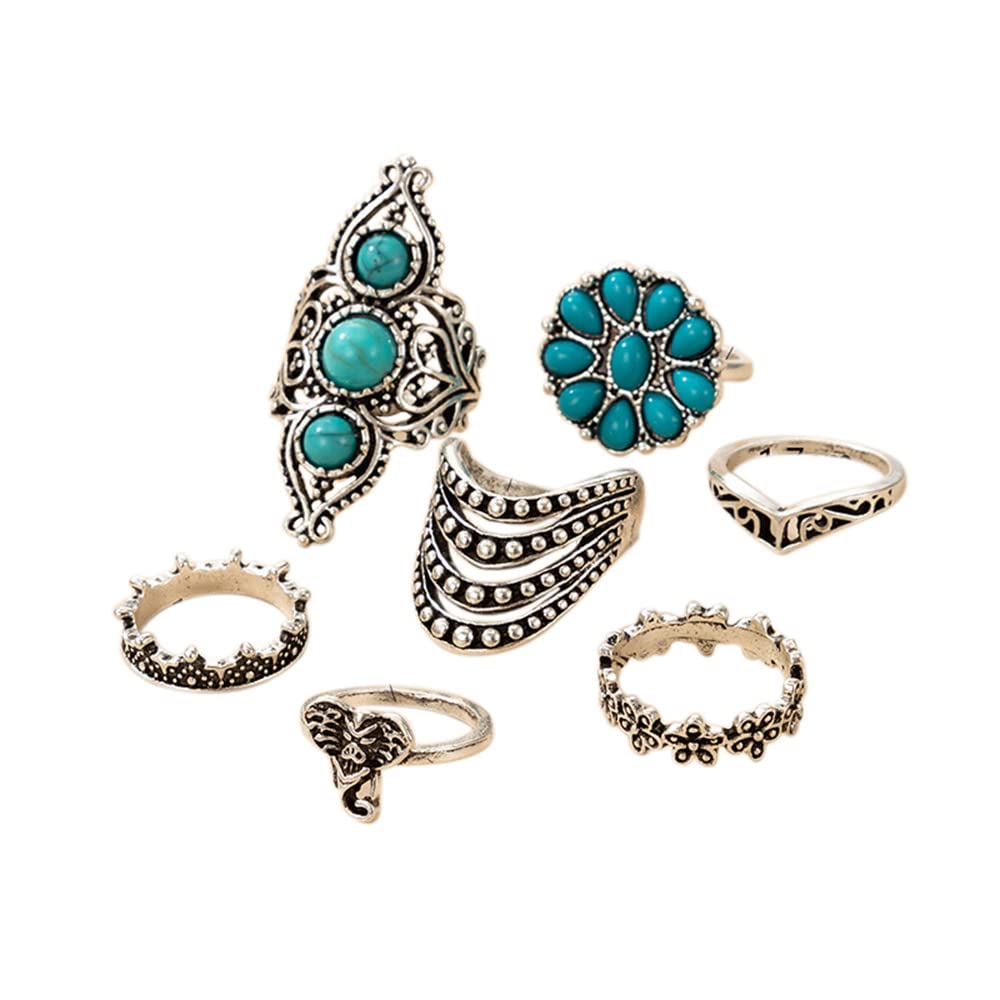 Fuqimanman2020 Bohemian Western Turquoise Oval Geometric Stackable Rings Set Midi Crystal Gemstone Knuckle Flower Carved for Women Holiday Beach