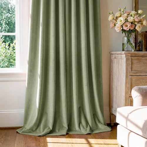 Image of Sage Green Velvet Curtains Farmhouse for Bedroom, W62xL90, 2 Panels | Back Tab, Room Darkening, 300GSM Soft Velvet, Privacy Door Curtains for Living, Dining Room, Holiday, Chrismas, Home Decor