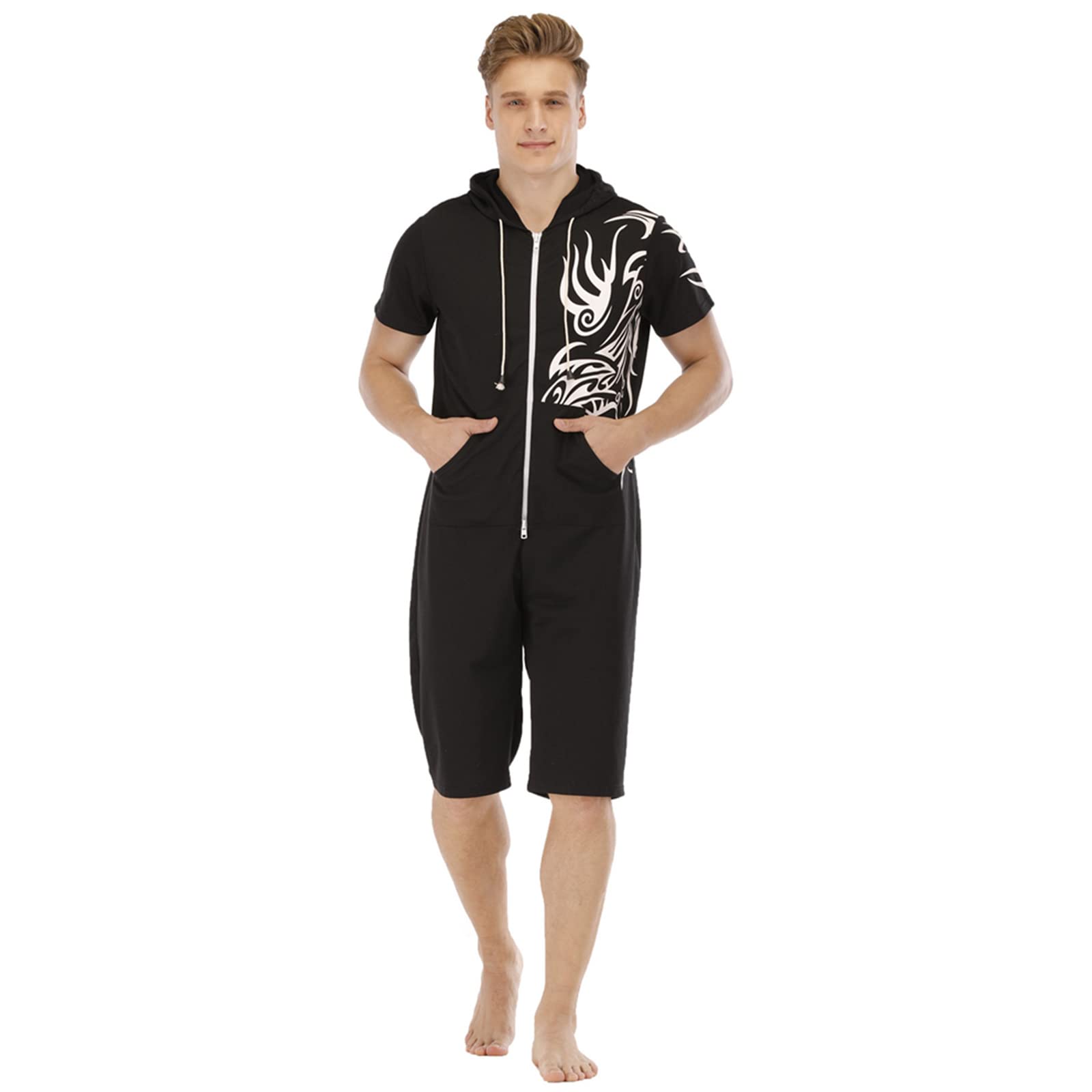 Combinaison Pyjama Court Hommes Grenouillères a Capuche Manches Courtes Short Été Confortable Zippé Adulte Une Piece Homewear Survêtement Onesie