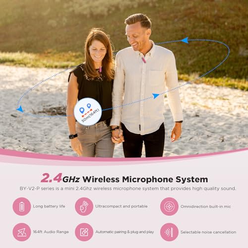 BOYA BY-V2-P Microfone de lapela sem fio rosa para iPhone - Plug Play Clip on Lapel Mini microfone p