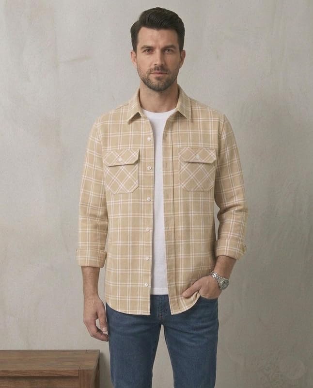 Image of DEELMO Men's Stylish Cotton Blend Casual Chakes Shirt || Full Sleeve Shirt with Dual Flap Pockets Fabric || Perfect for Casual and Classic Fit & Style || Stylish Everyday Wear