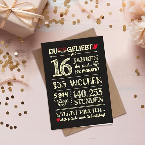 BETESSIN Geburtstagskarte 16 Jahre Junge & Mädchen - Kreative Glückwunschkarte mit Umschlag - Geburtstagskarte 16. Geburtstag - Lustige Geschenke zum 16 Geburtstag Mädchen & Jungen (Schwarz)