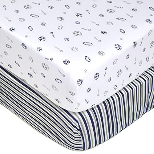 American Baby Company 2 Pack 100% Natural Cotton Fitted Crib Sheets 52" x 28" - Soft, Breathable, Hypoallergenic &amp; Gentle Toddler Bed Sheets, Navy/Grey Sports Stripes, Neutral for Boys &amp; Girls