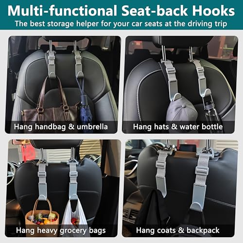 Image of Amooca 4 Pack Anti-drop Headrest Hooks Adjustable Car Seat Organizer | Universal Fit with Clip, Hanger for Backpack Umbrella Water Bottle Coat Purses Handbags Groceries, 40lb Heavy Duty, Gray