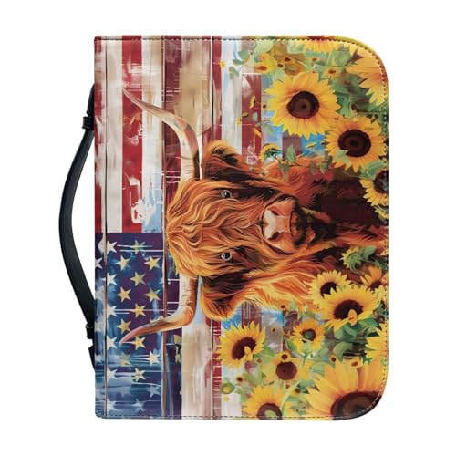 Poceacles American Flag Highland Cow Sunflower Bible Cover Bag Waterproof Bible Tote Bag Multi-Purpose Book Carrying Case Protector with Handle PU Leather Church Tote Organizer for Women Men, 2XL