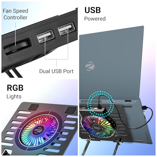 Image of ZEBRONICS NS4000 PRO 2, Rotatable Laptop Metal Stand, Upto 15.6 inch, 2X USB Ports, RGB Fan + Speed Controller, 360 Fidget Rotation, Foldable, Multi Angle Adjustment, Anti-Slip Silicone Pads