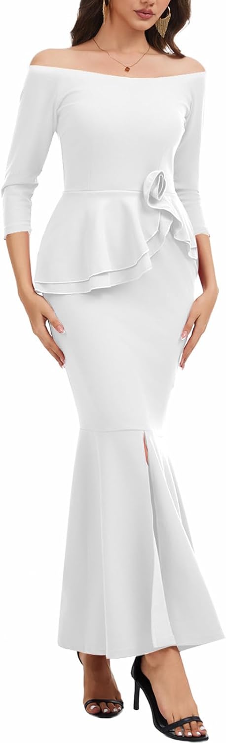 Evening Gowns for Women Formal Off Shoulder Wedding Guest Party Dress Elegant Short Sleeve Split Long Cocktail Dresses