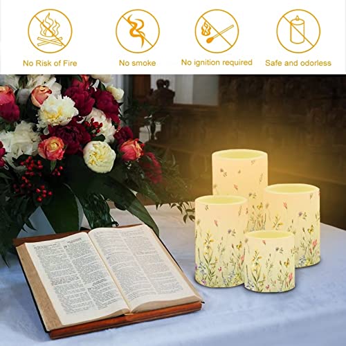 Image of LED Flickering Candles Battery Operated Candles Set of 4 with Remote Control Timer Dancing Flame Pillar Candles Home Table Decoration, Floral Green