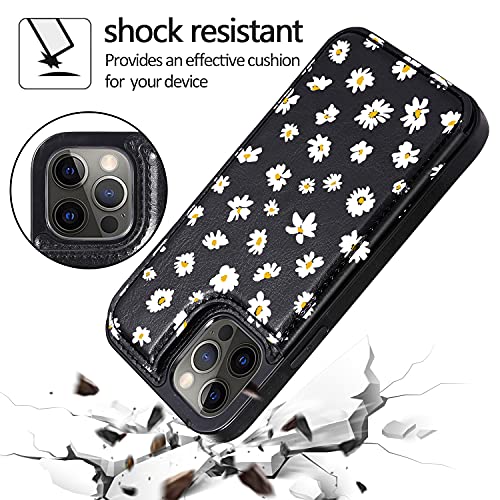 Image of uCOLOR for iPhone 12 /12 Pro Wallet Case with Card Holde Black Daisy Floral | PU Leather RFID Blocking for Women Men Magnetic Clasp Kickstand 6.1 inch
