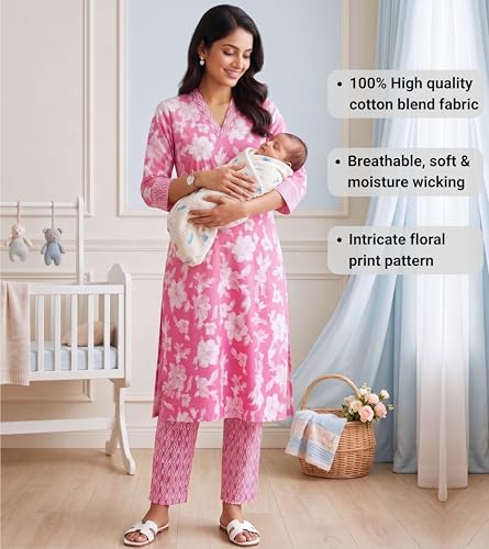Image of DUMMY SHAPE Feeding Kurtis for Women Cotton Blend | Floral Kurta Pant Dupatta Set with Nursing Zippers to Pre & Post Partum | Maternity Dresses | Mom to Be Gifts for Pregnant Woman